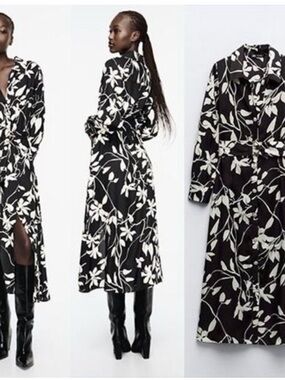 NWT Zara Black & White Floral Midi Shirt Dress